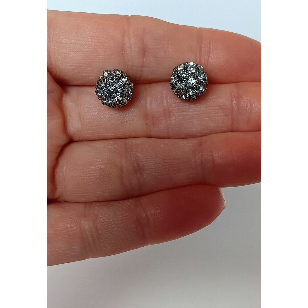 Vintage Silvertone Rhinestone Disco Ball Earrings 10 mm